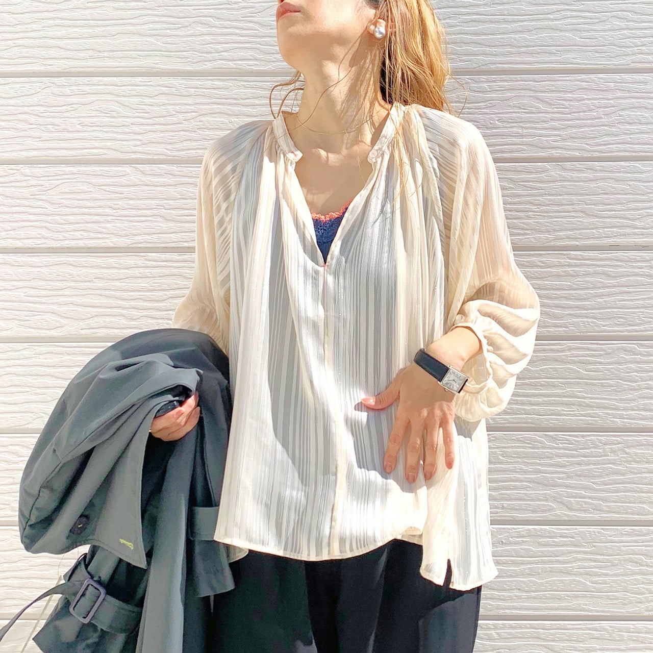 ラメストライプエアシャイブラウス グリーン Free