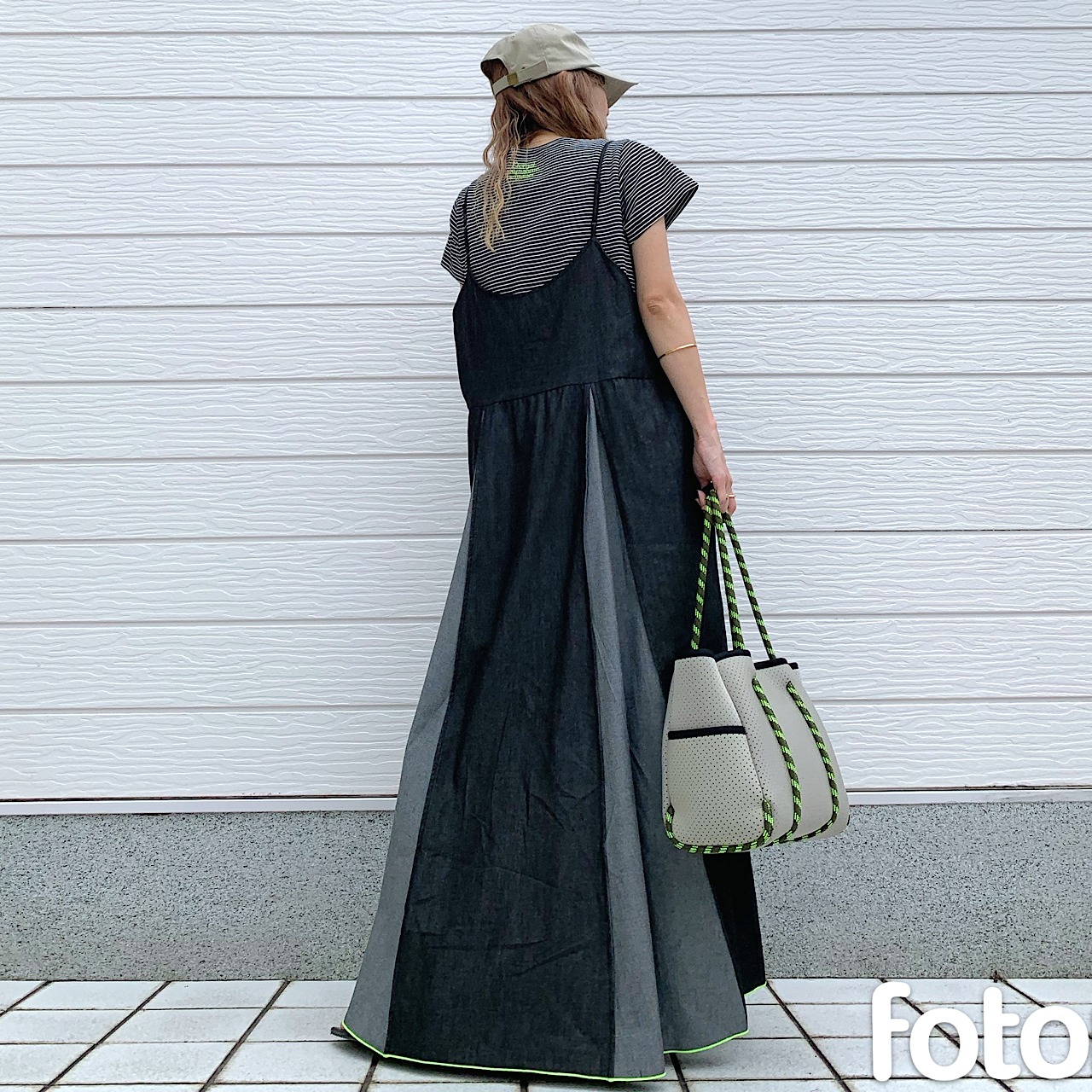 ライトデニムバイカラーキャミワンピ ブラック Free