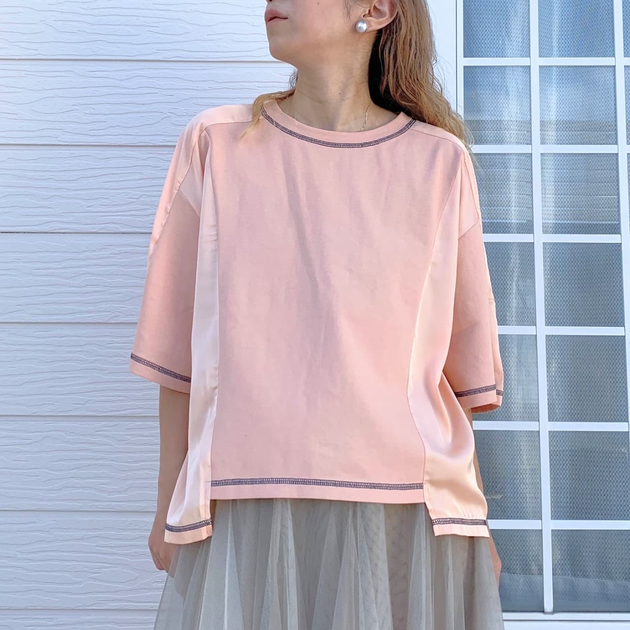 切替スクエアステッチトップス ホワイト Free