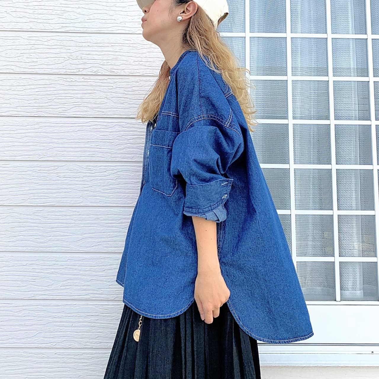 バンドカラーデニムシャツ インディゴ Free