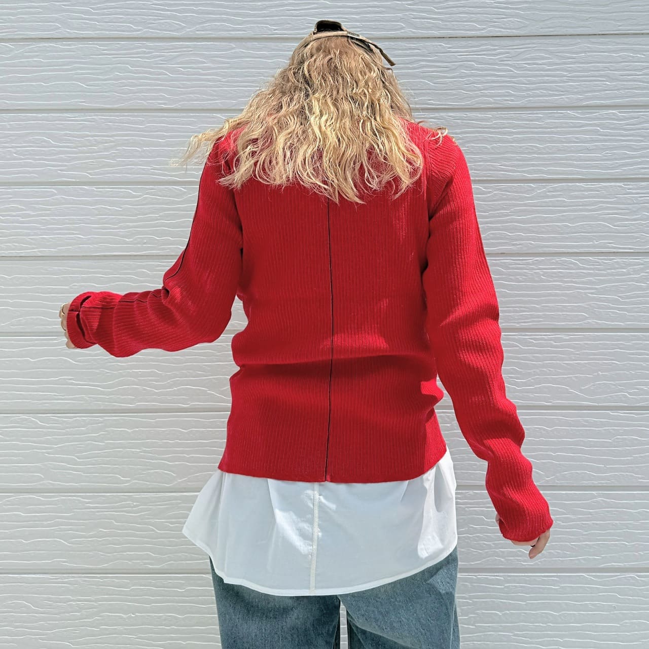 やわもちラインクルーネックニット レッド Free