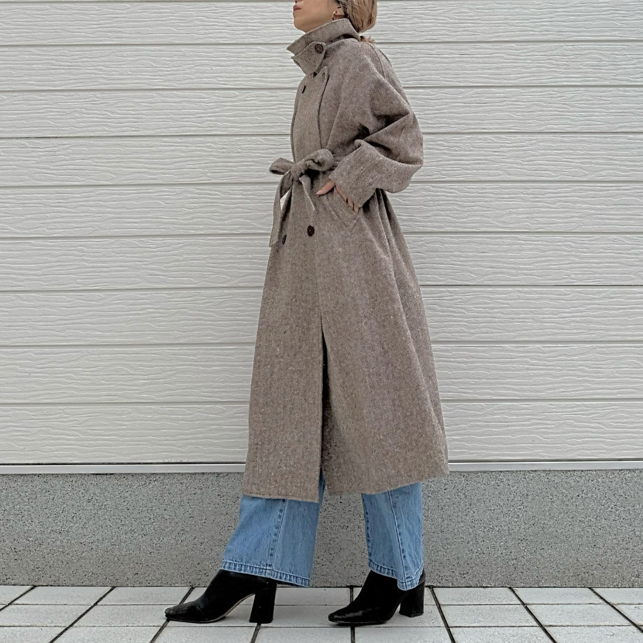 ヘリンボーンスタンドロングコート ブラウン Free