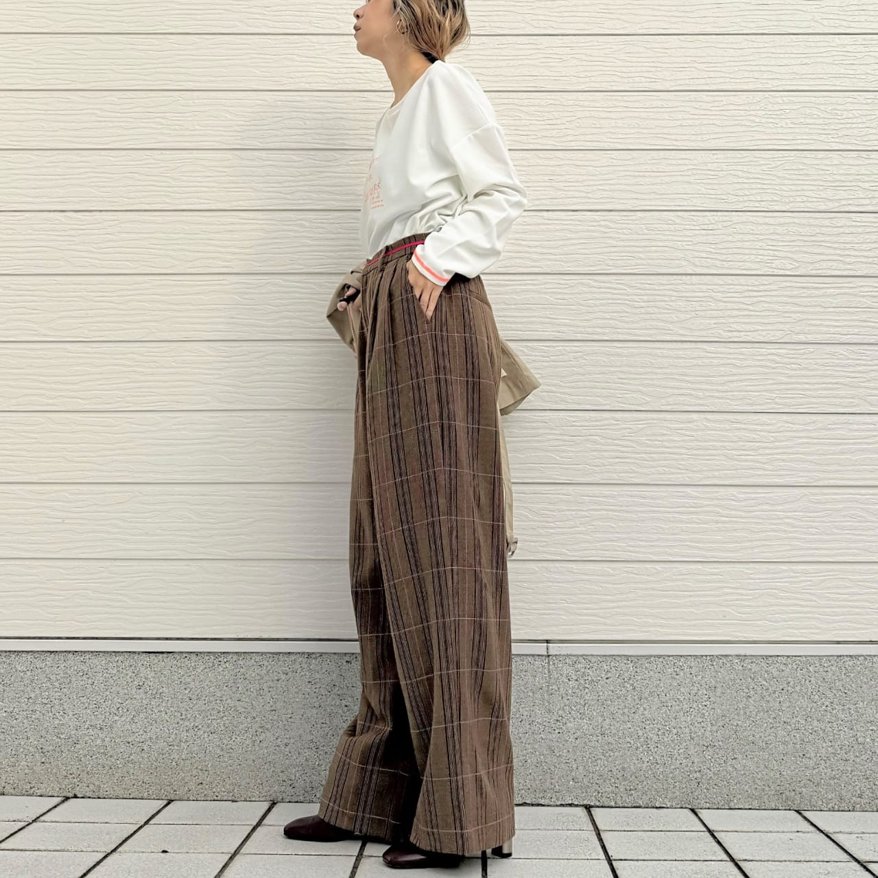 グログランラインチェックパンツ ブラウン Free