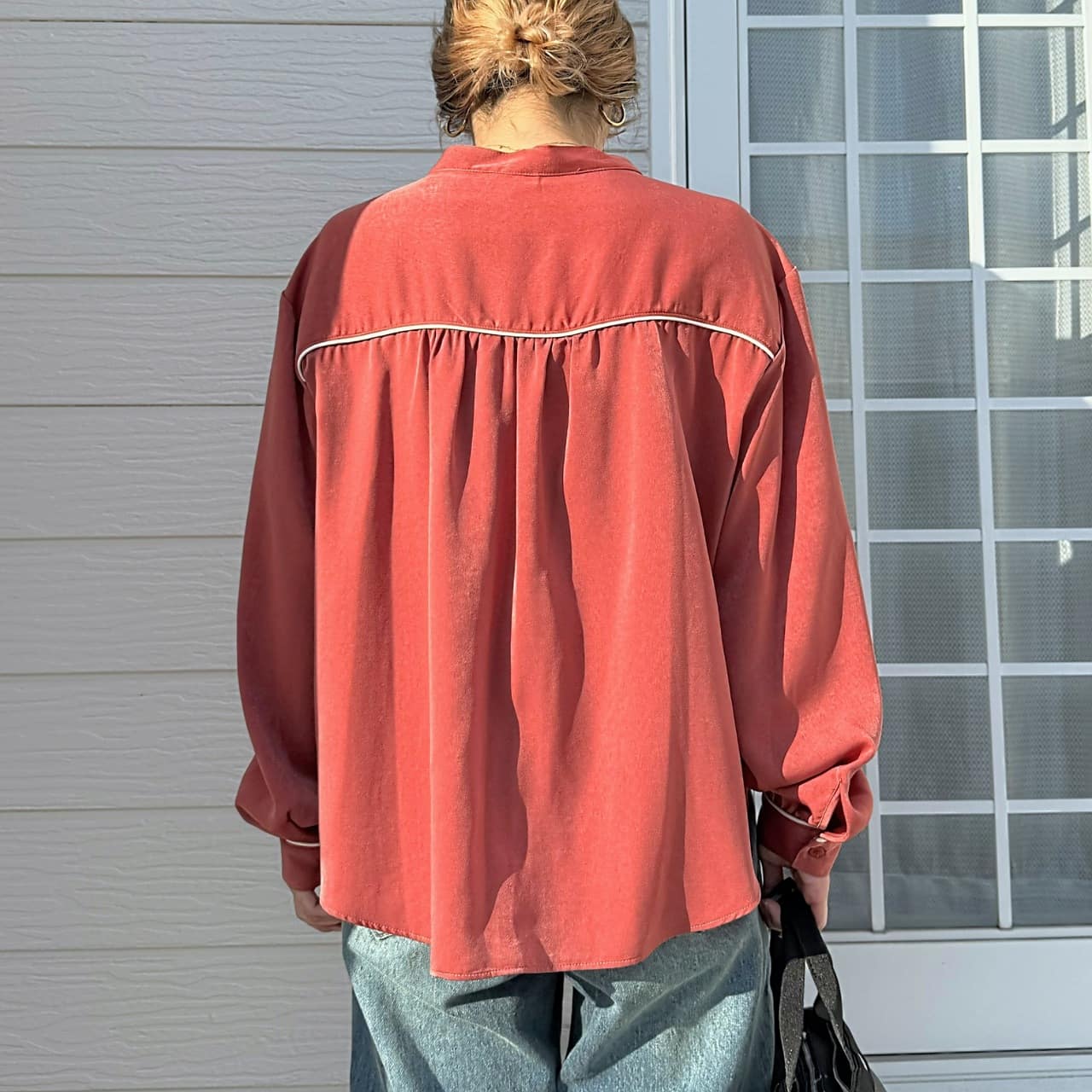 ラインボウタイブラウス テラコッタ Free