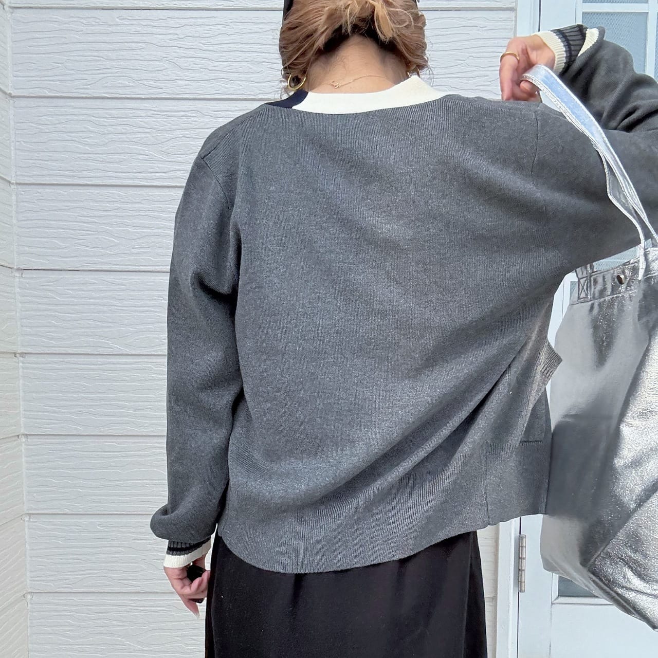 バイカラーカーディガン グレー Free