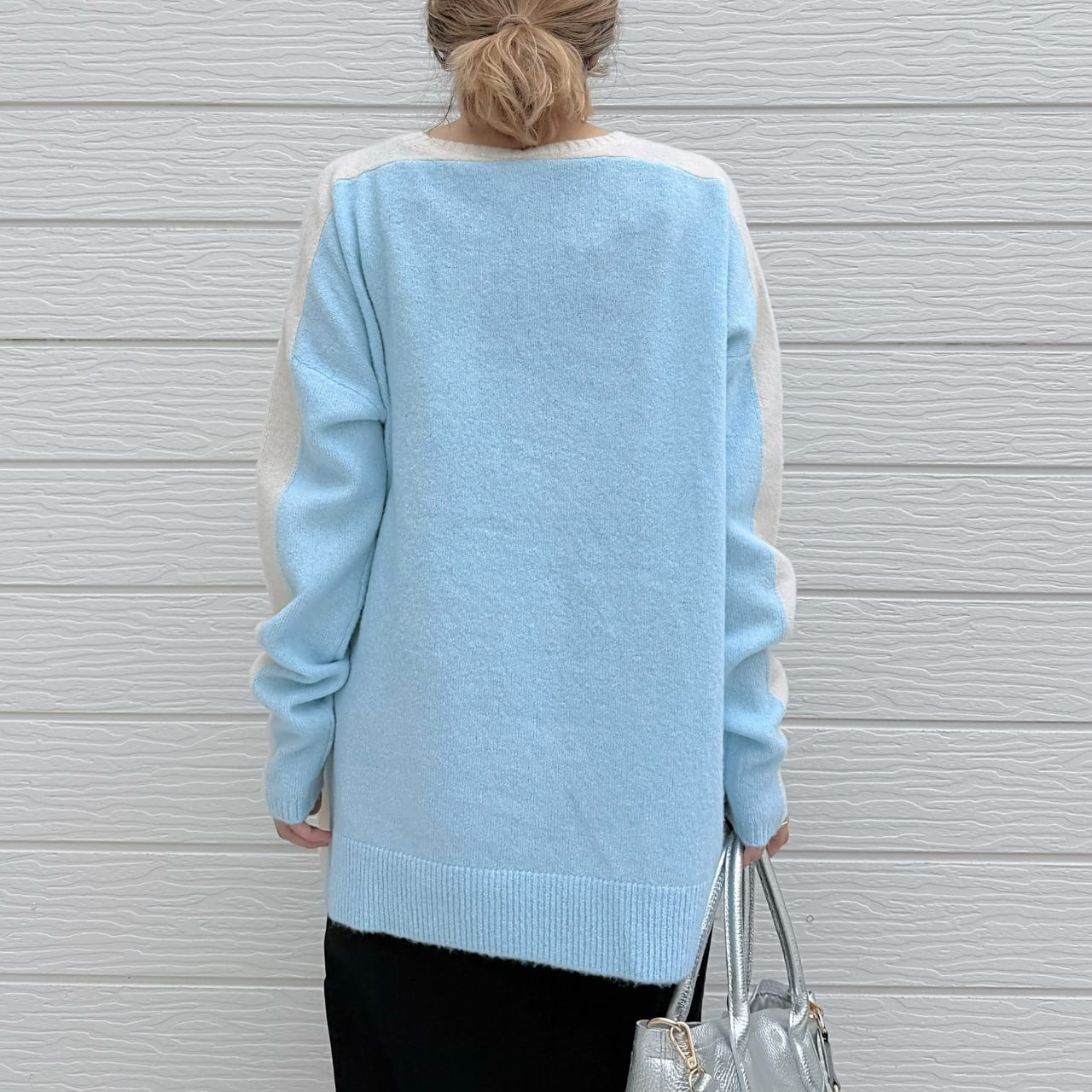 やわもちラインクルーネックニット ブルー Free