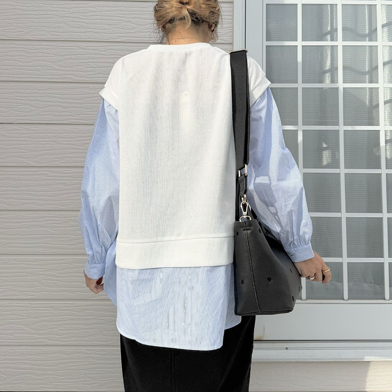 ストライプシャツドッキングニット ホワイト Free