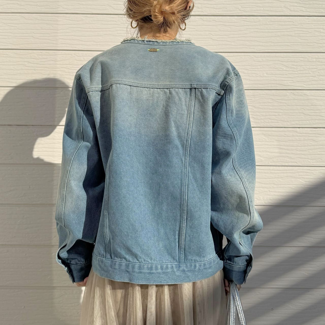 ノーカラーデニムブルゾン サックス Free