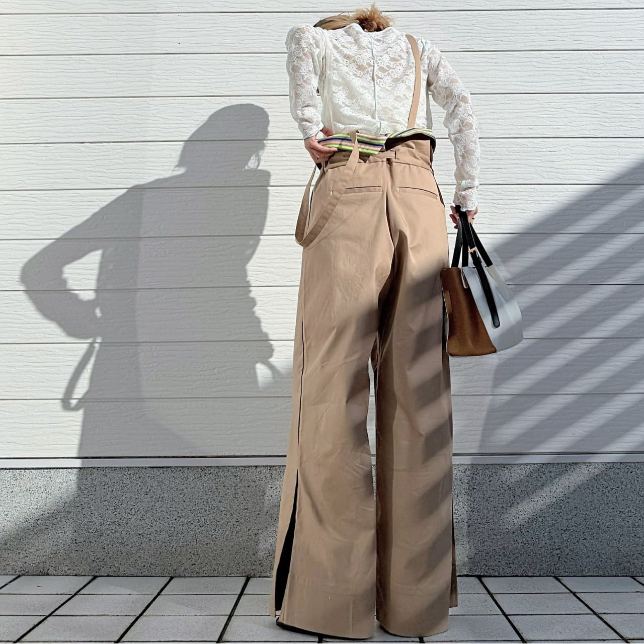 ボーダーリブサスペ2wayパンツ ベージュ Free