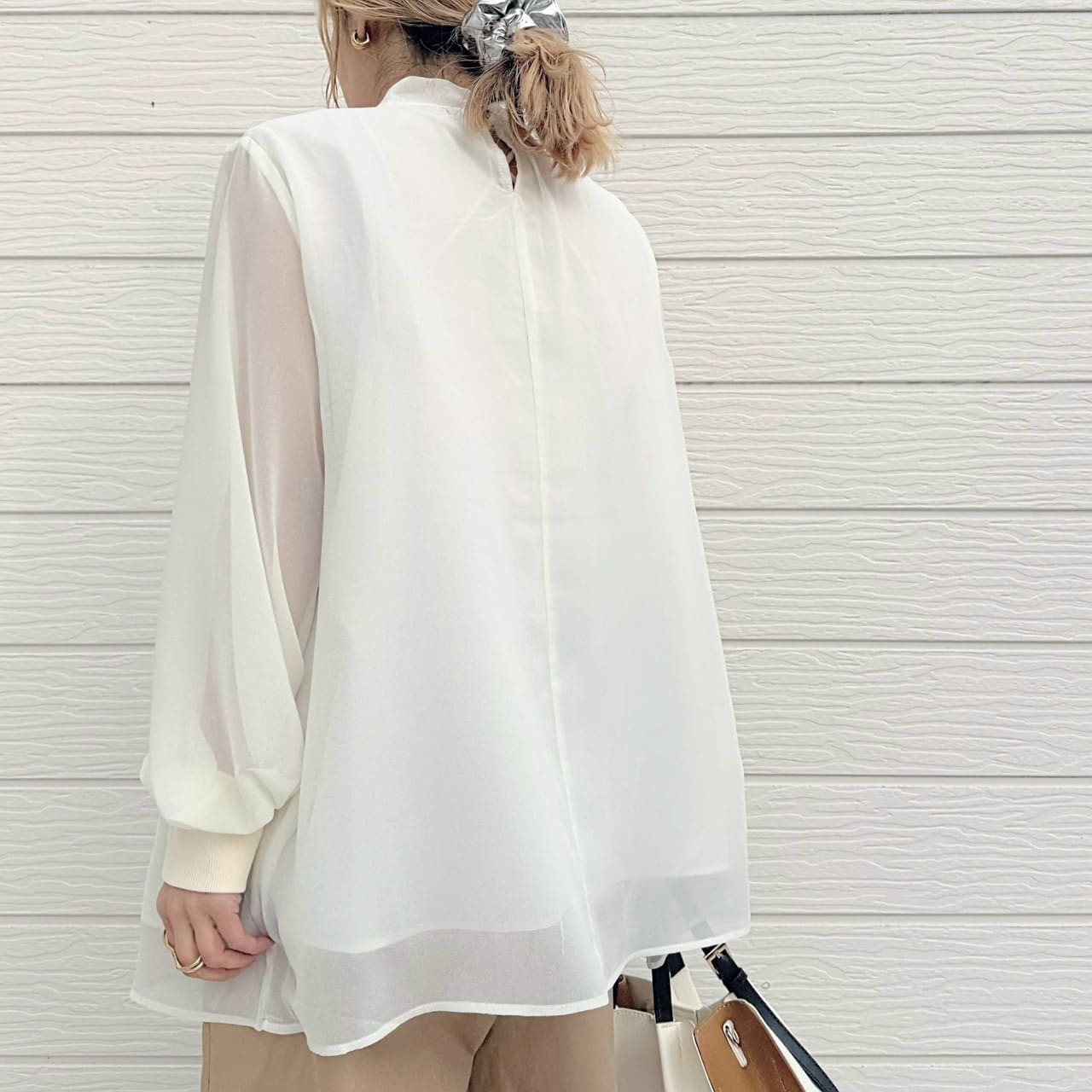 結びボウタイリブブラウス ホワイト Free