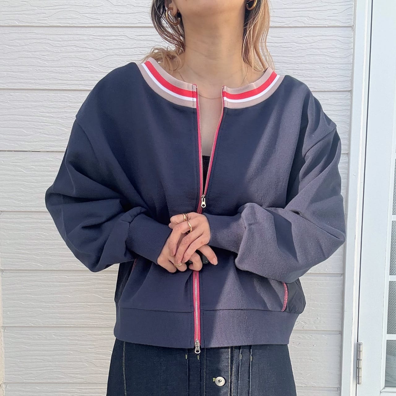 リブネックオープンZIPトップス ライトグレー Free