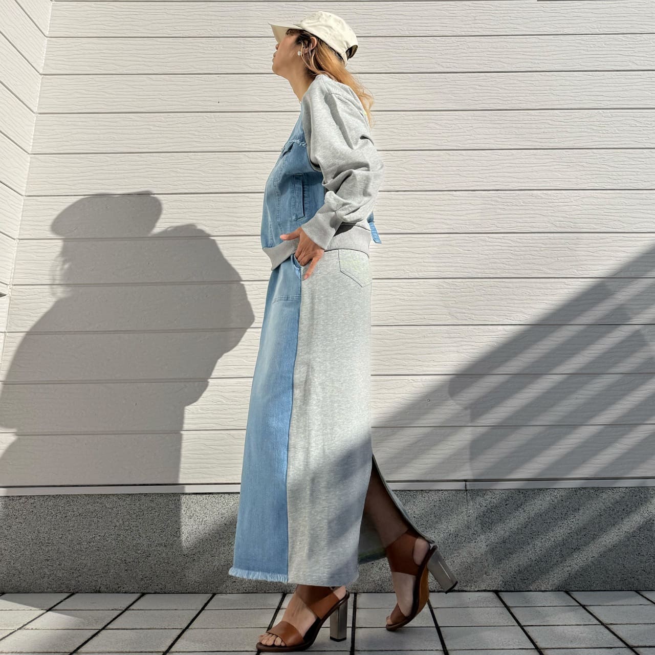 デニム裏毛ドッキングスカート ライトブルー Free