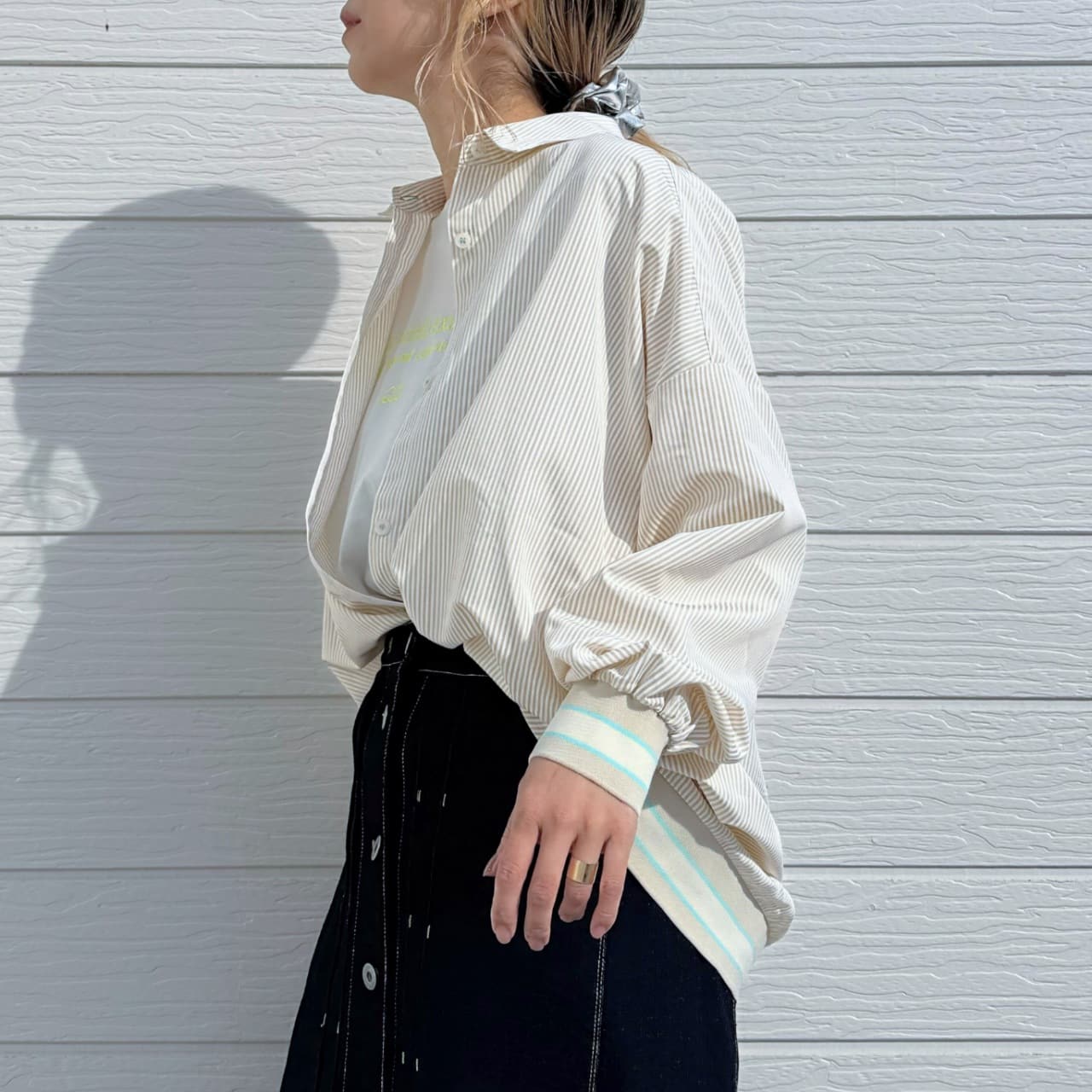 ピンストライプリブドッキングシャツ ネイビー Free