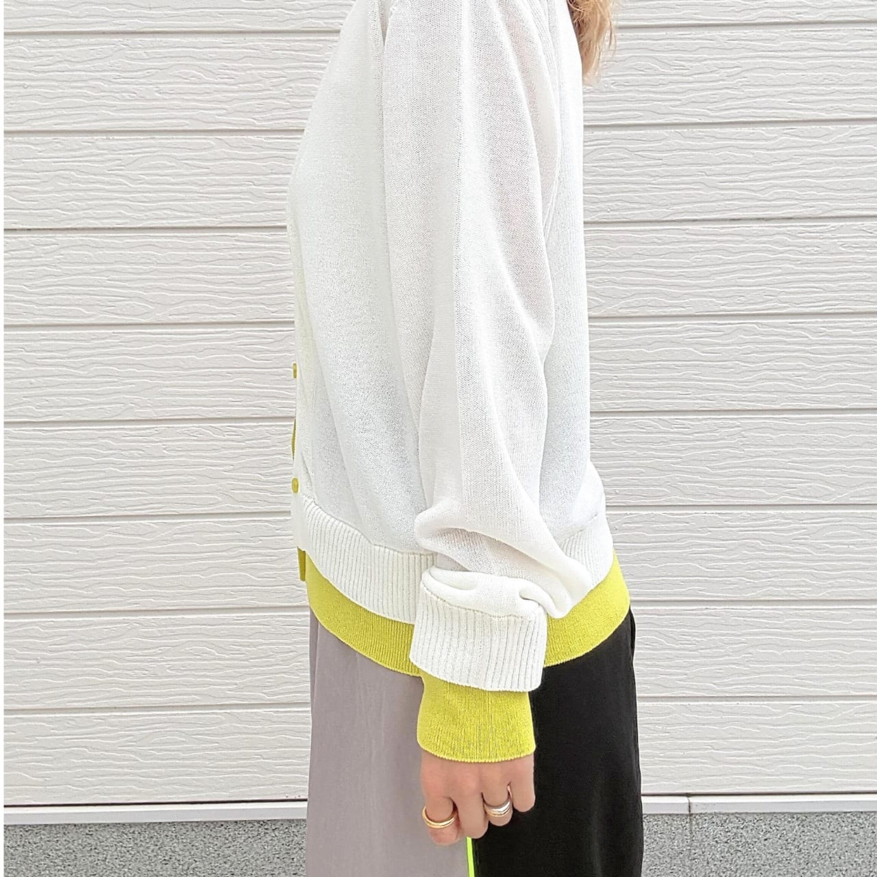 レイヤード風バイカラーカーデ ホワイト×イエロー Free