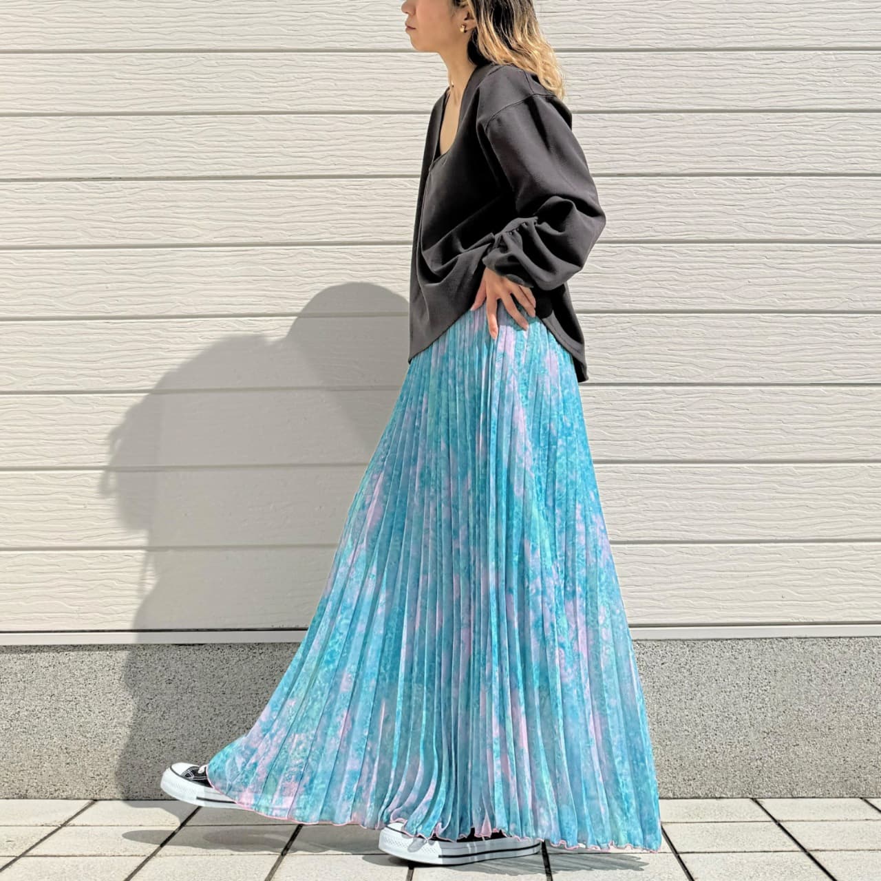 ニュアンスカラープリーツスカート ブルー Free