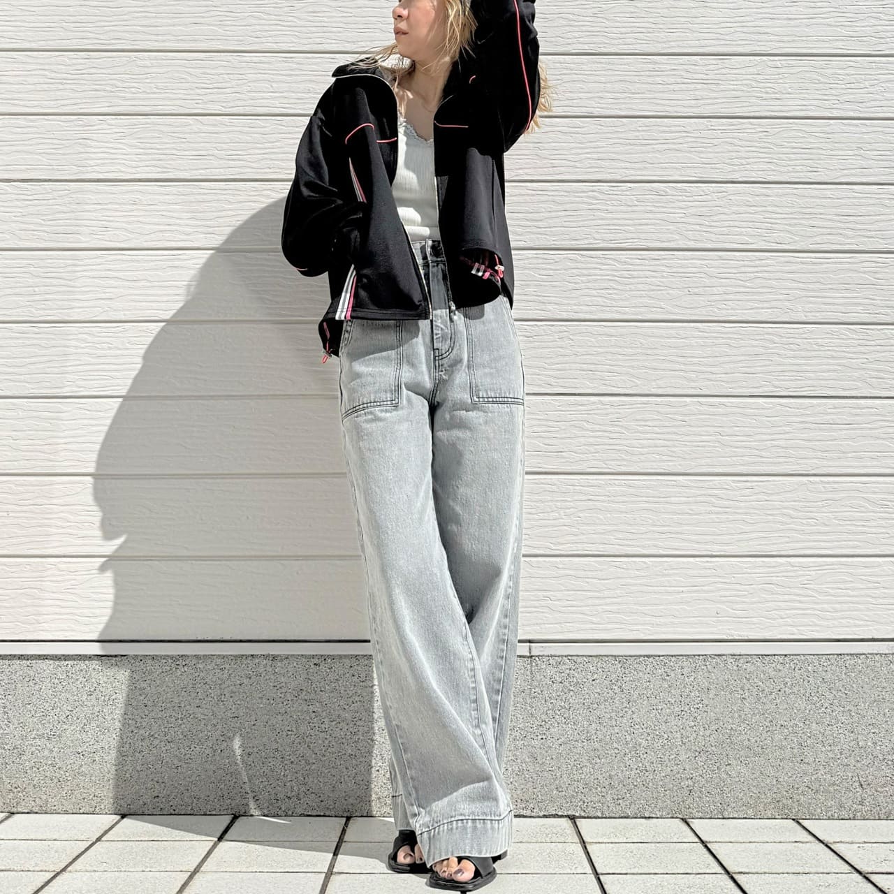 Qgirlワイドデニム BK ブラック L(40)