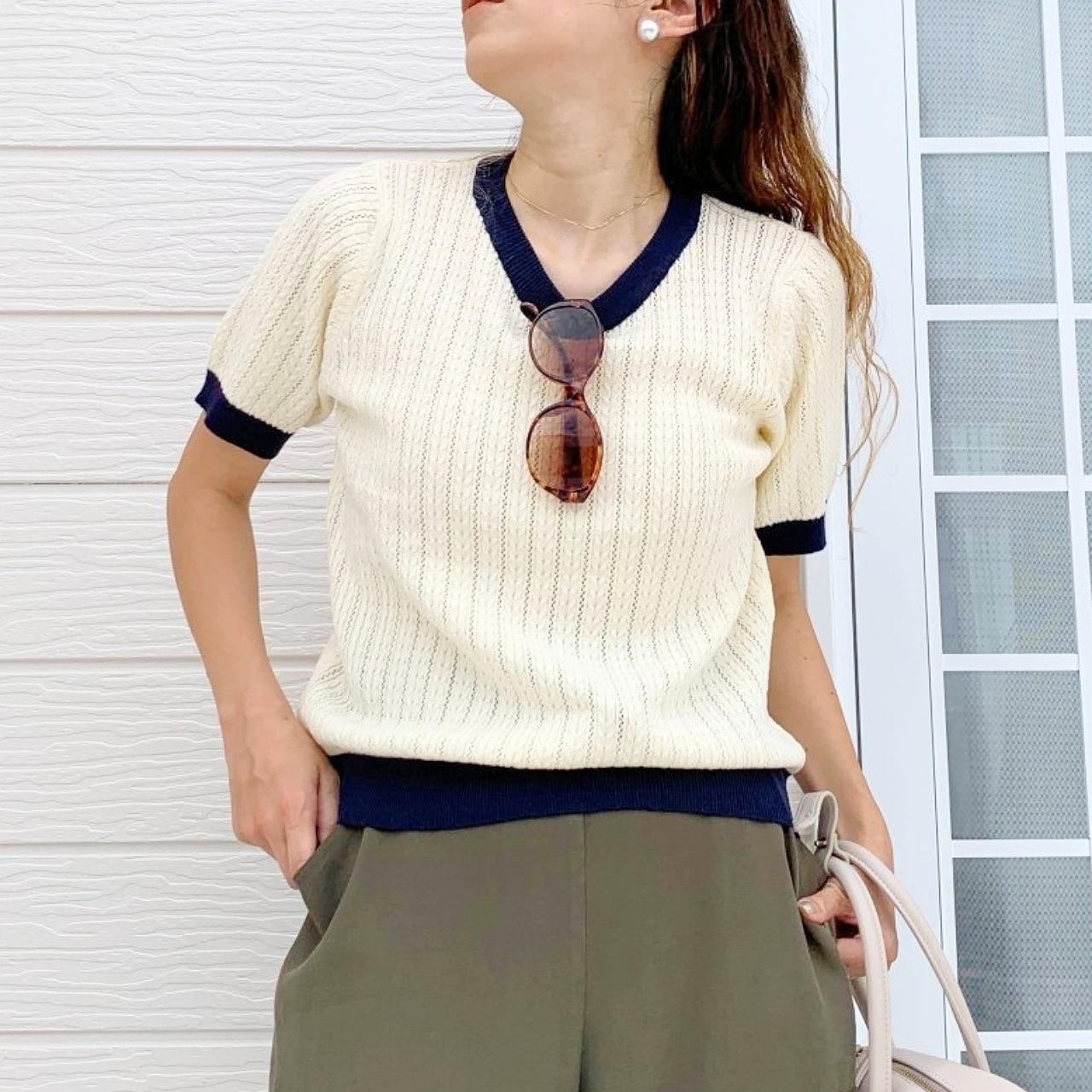 バイカラーケーブル半袖ニット ブラック Free