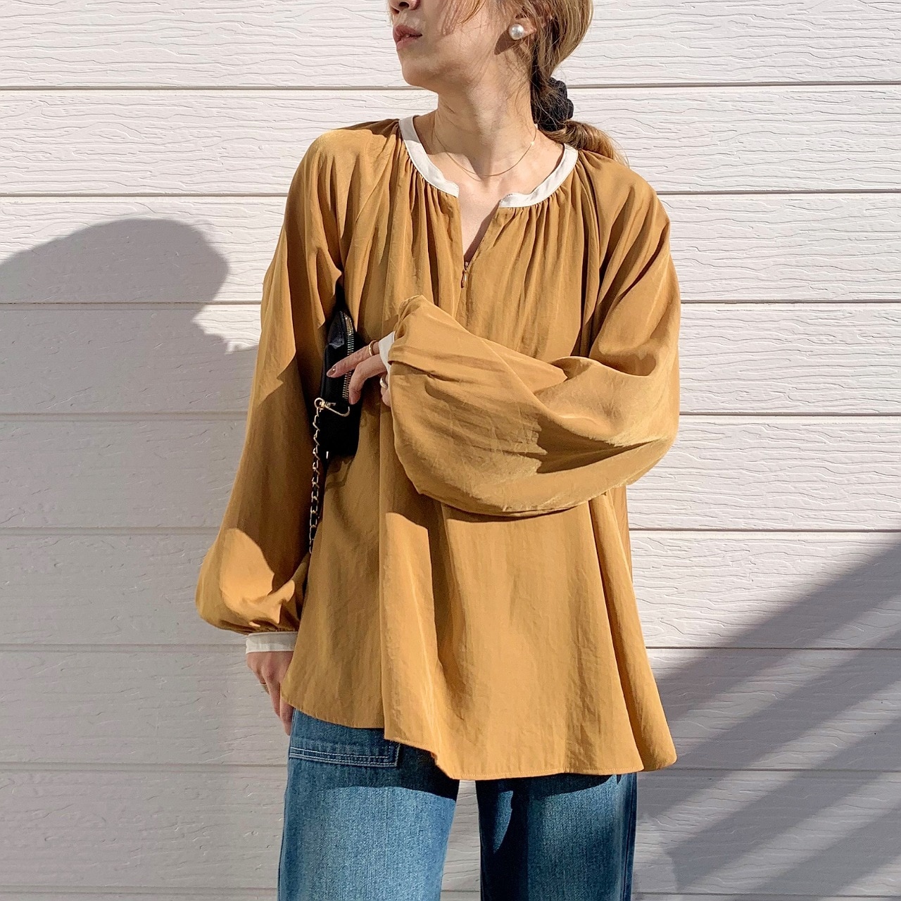 フロントZIPギャザーブラウス ライトエクリュ Free