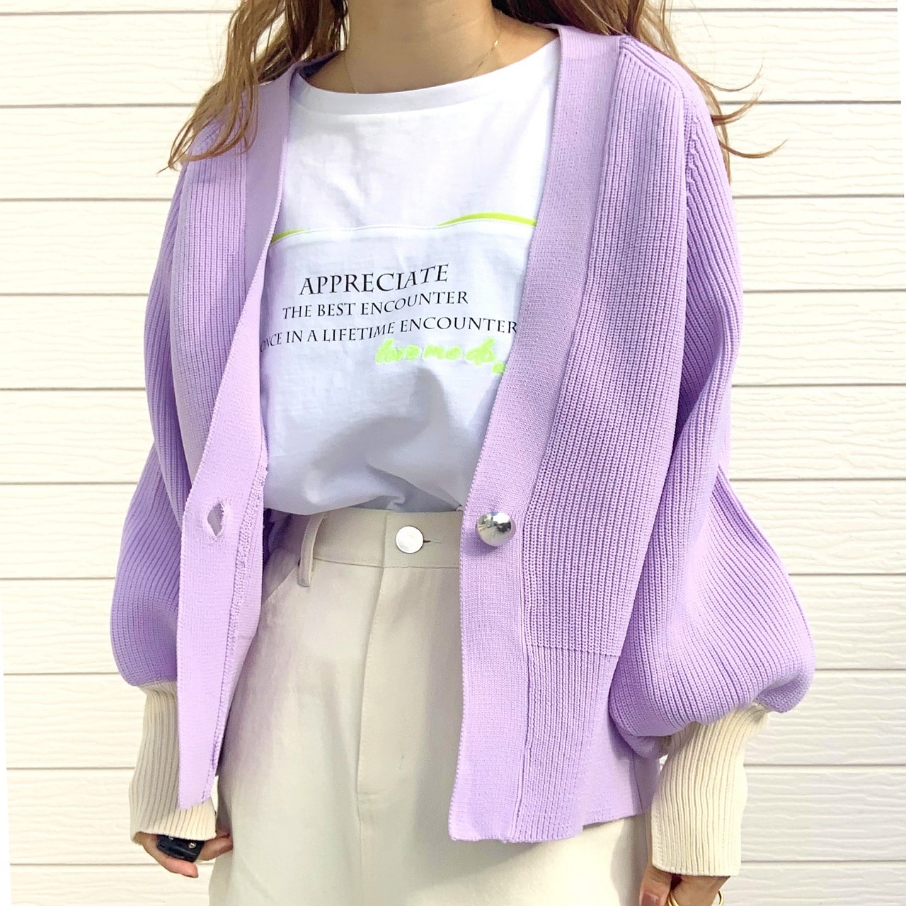 BIGボタン 片畦ドルマンカーデ アイボリー Free