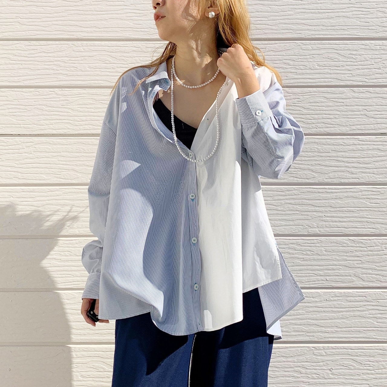 ストライプドッキングシャツ ブルー系 Free