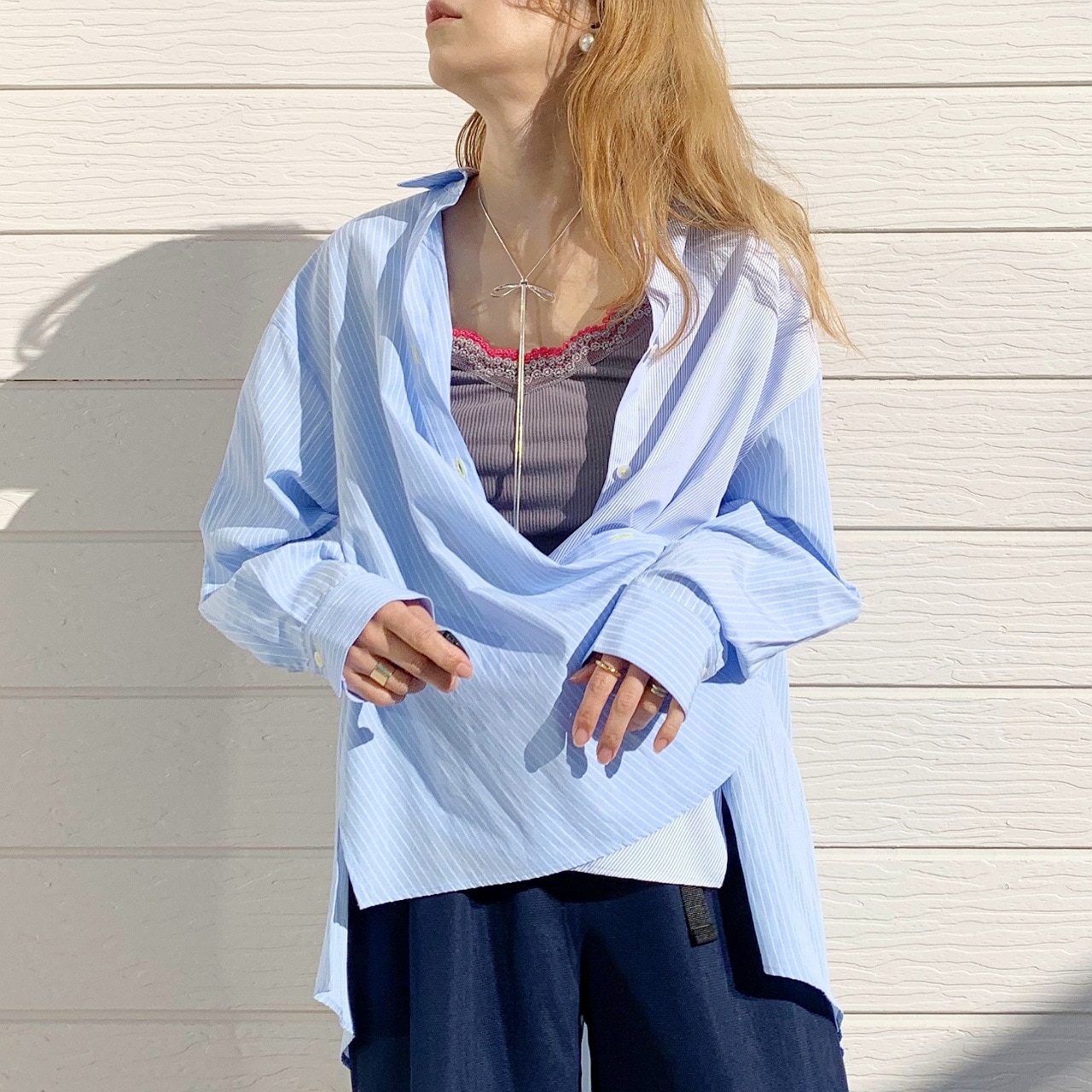 ストライプドッキングシャツ ホワイト系 Free