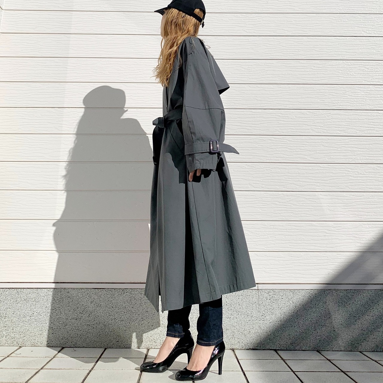 ノーカラートレンチコート グレー Free