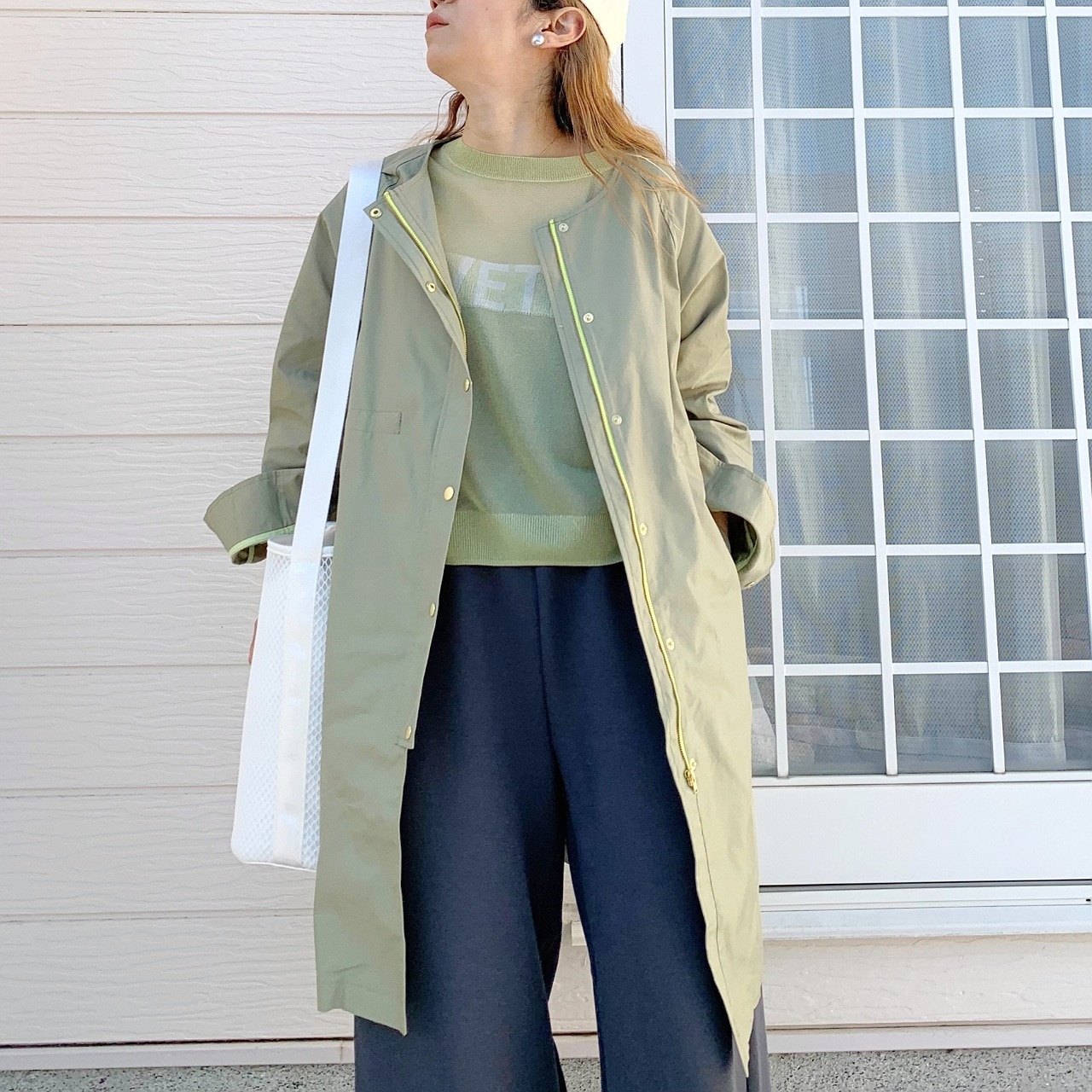 ノーカラードット釦コート ベージュ Free