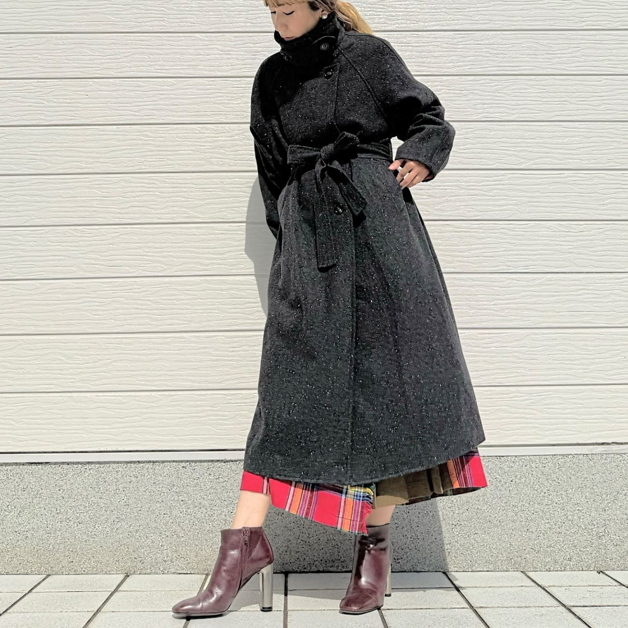 ヘリンボーンスタンドロングコート ブラウン Free