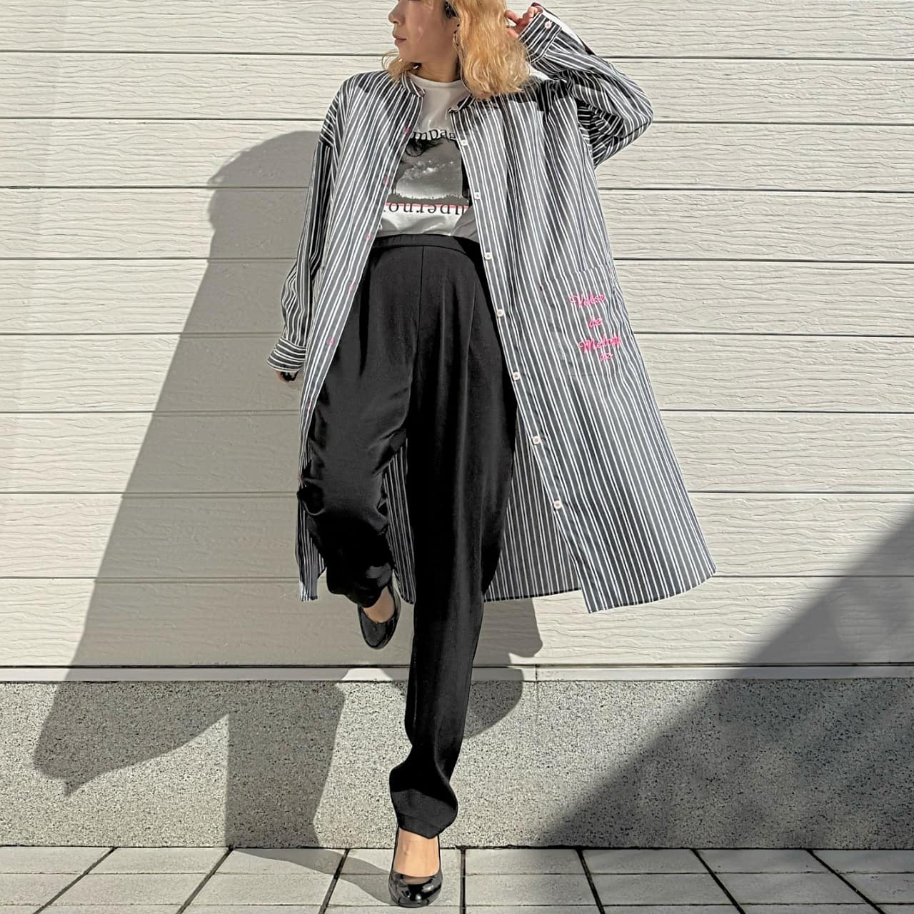 ポケット刺繍ロングシャツ ネイビー Free