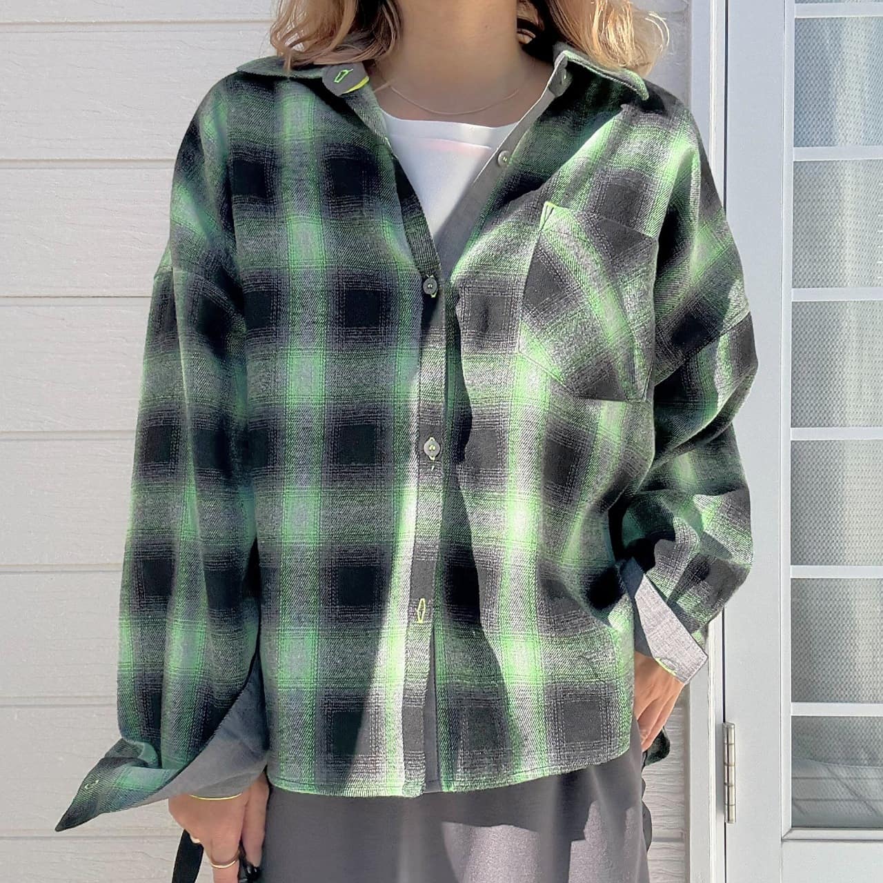 シャドーチェックオーバーサイズシャツ ピンク Free