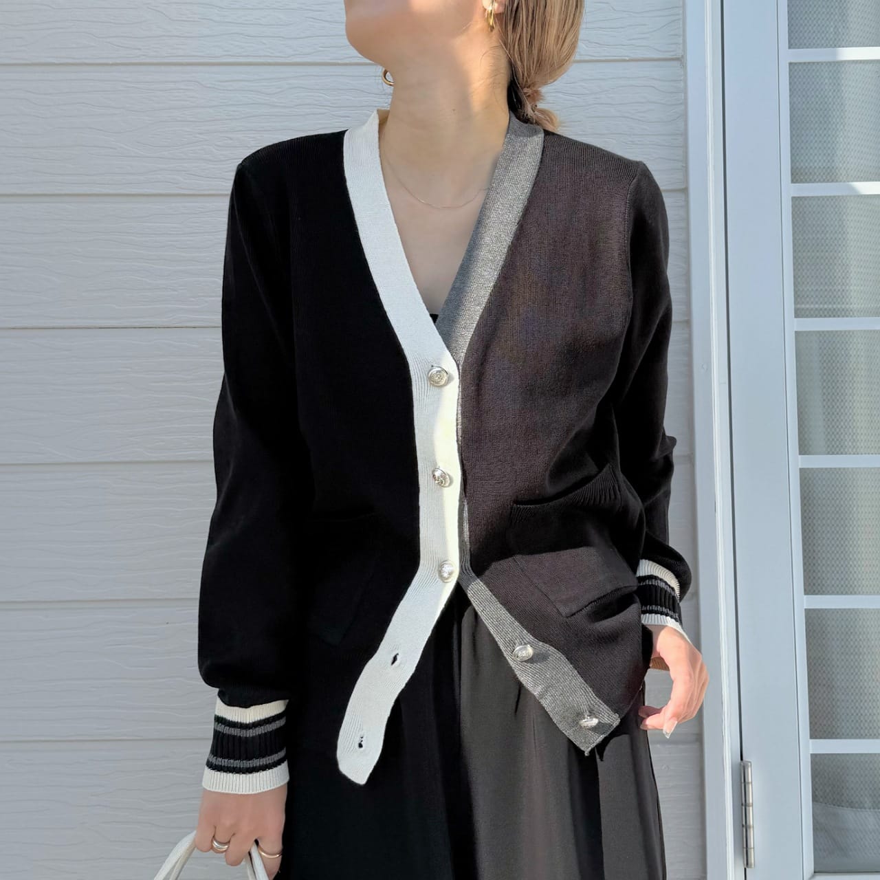 バイカラーカーディガン グレー Free