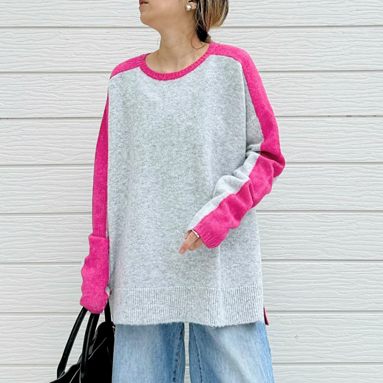 やわもちラインクルーネックニット ブルー Free