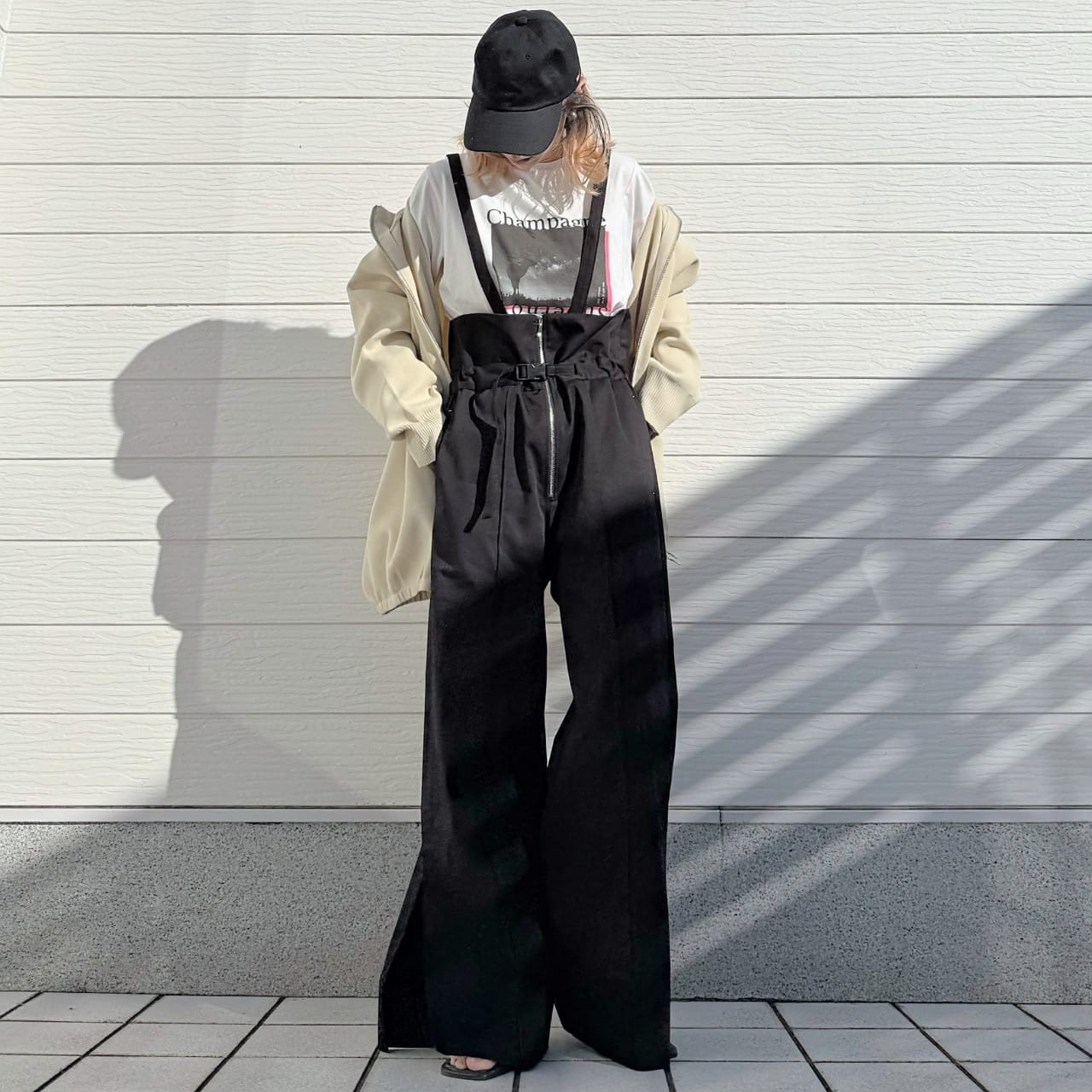 ボーダーリブサスペ2wayパンツ ベージュ Free