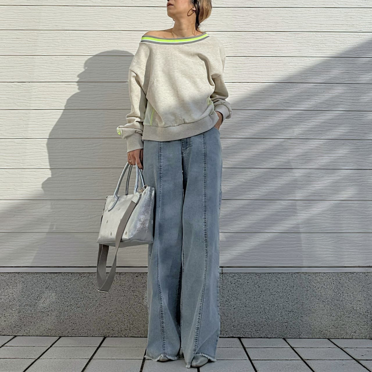 リブネックオープンZIPトップス ライトグレー Free