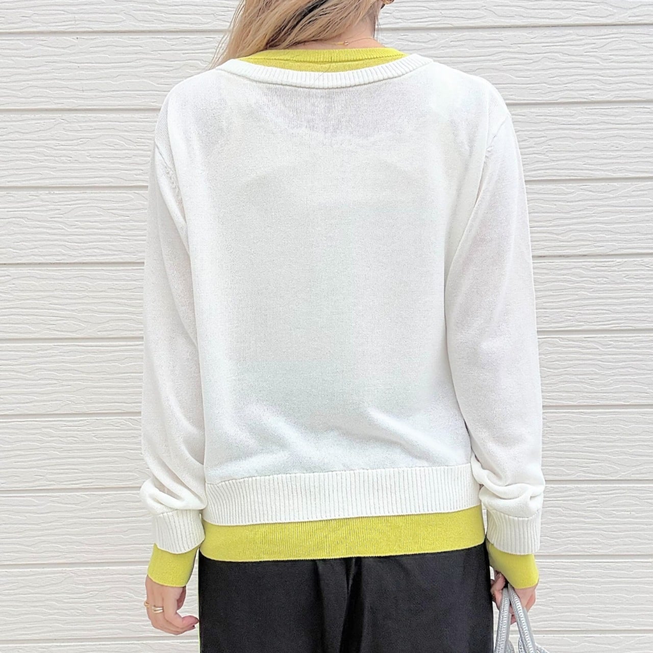 レイヤード風バイカラーカーデ ホワイト×イエロー Free