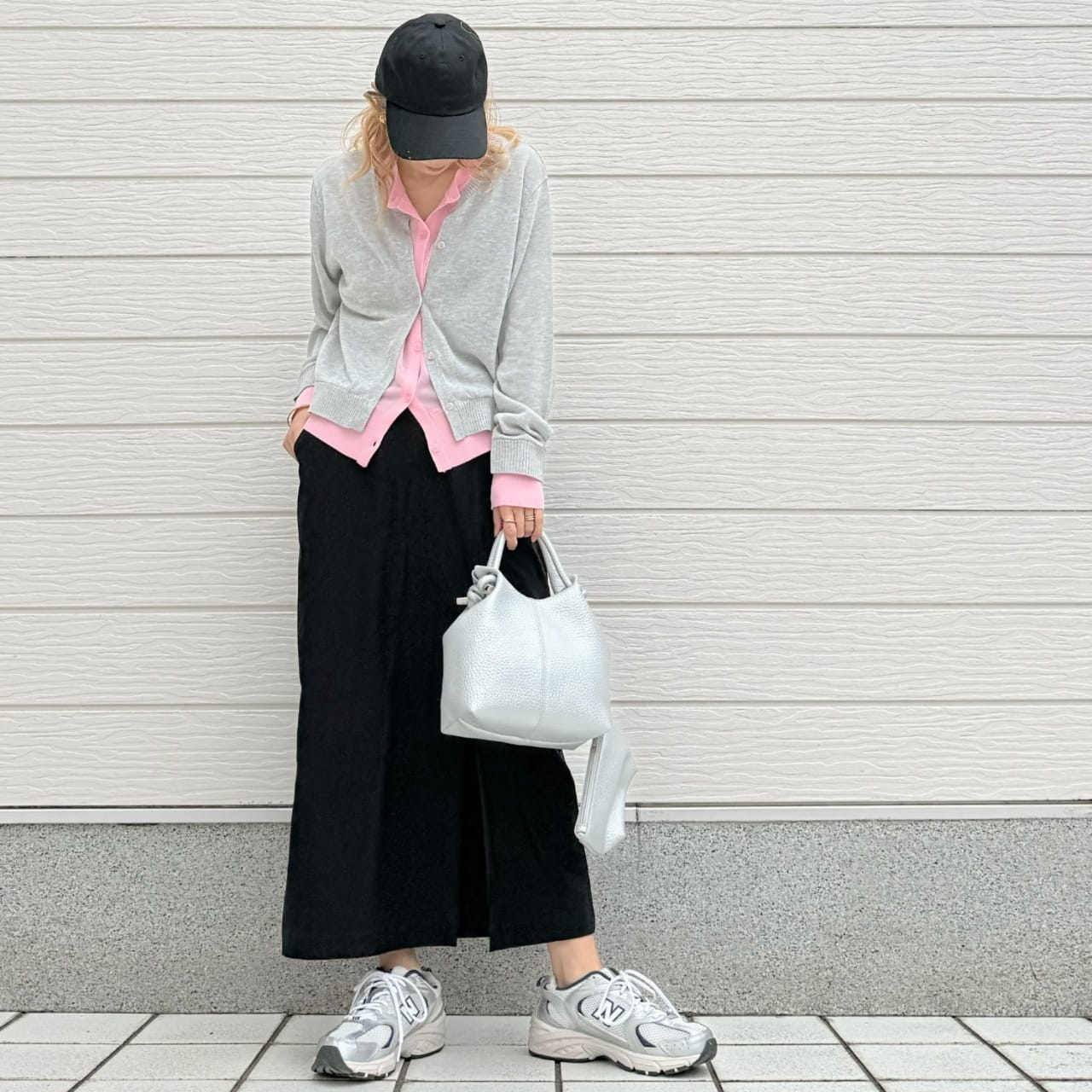 レイヤード風バイカラーカーデ グレー×ピンク Free