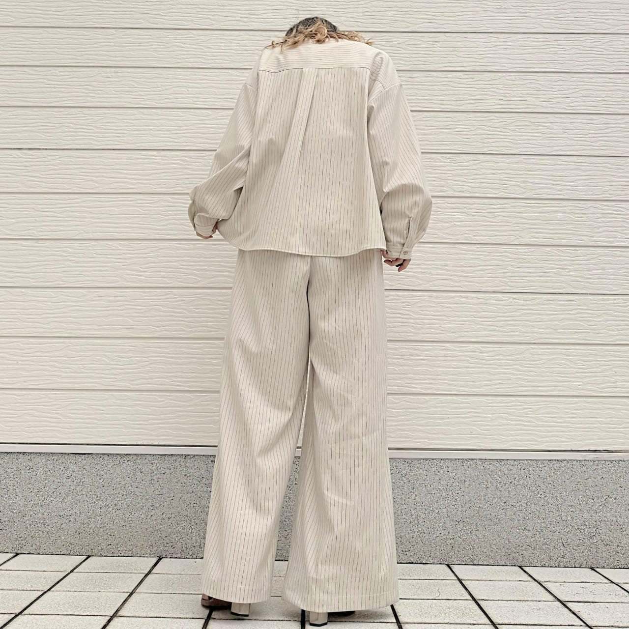 【セットアップ対応アイテム】ストライプウエストギャザーワイドパンツ アイボリー Free