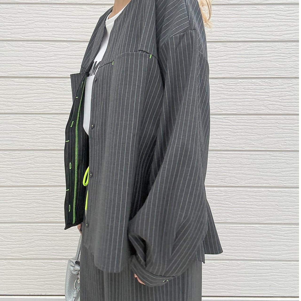 【セットアップ対応アイテム】ストライプシャツジャケット アイボリー Free