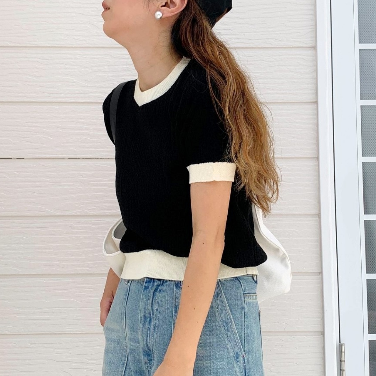 バイカラーケーブル半袖ニット アイボリー Free