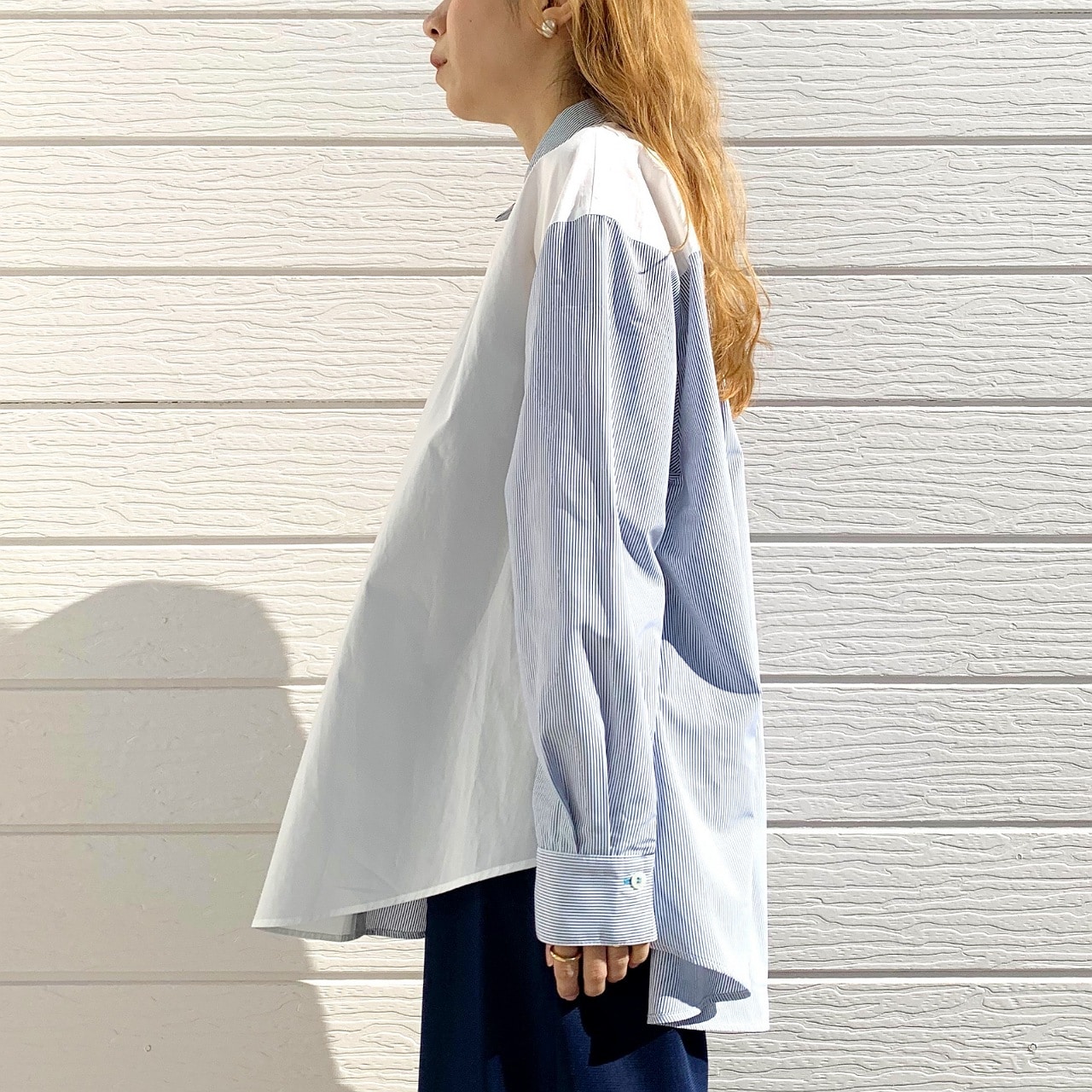 ストライプドッキングシャツ ブルー系 Free