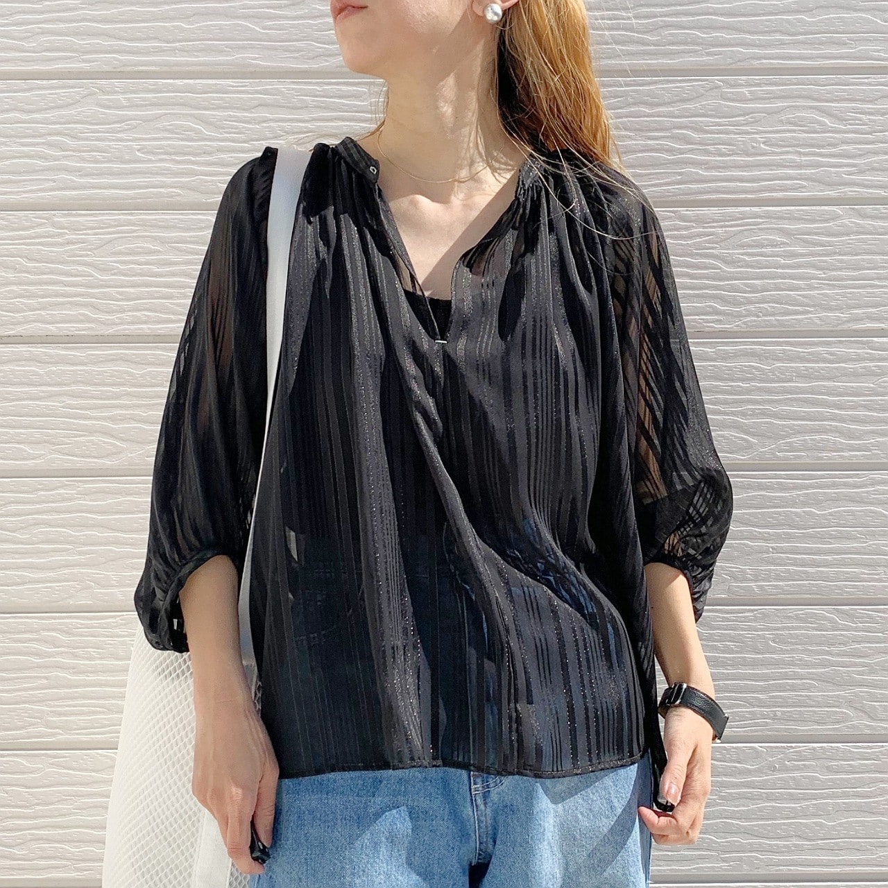 ラメストライプエアシャイブラウス グリーン Free