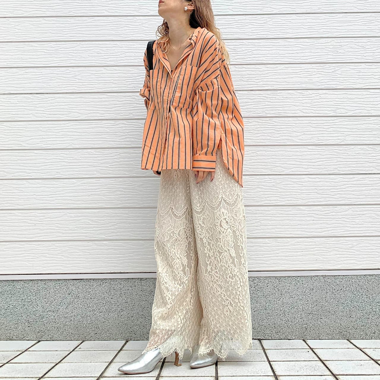 キャンブリックボイルマルチストライプシャツ オレンジ Free