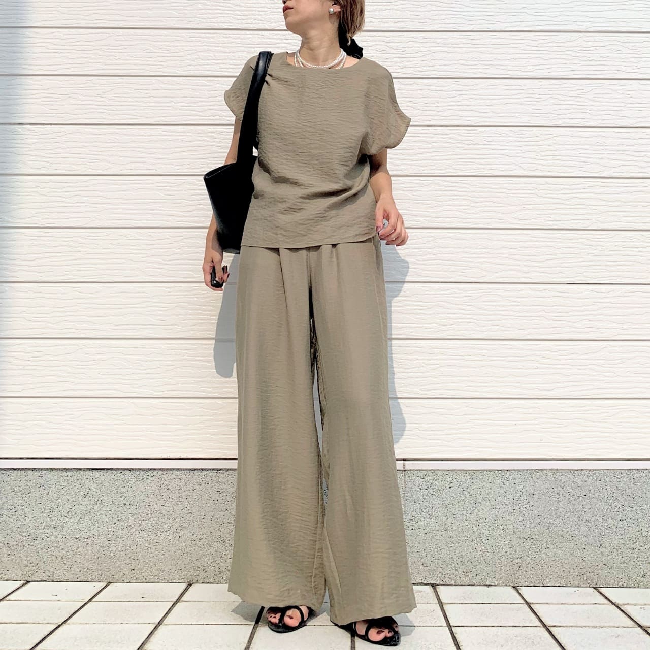 【セットアップ対応】レーヨンスラブネックベルトブラウス カーキ Free