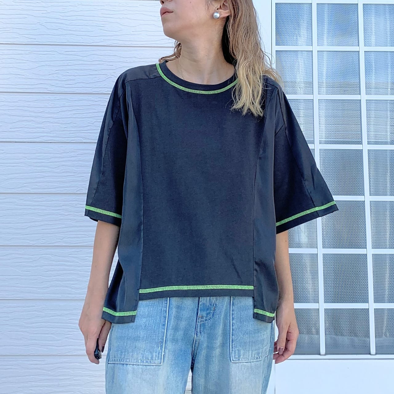 切替スクエアステッチトップス ホワイト Free