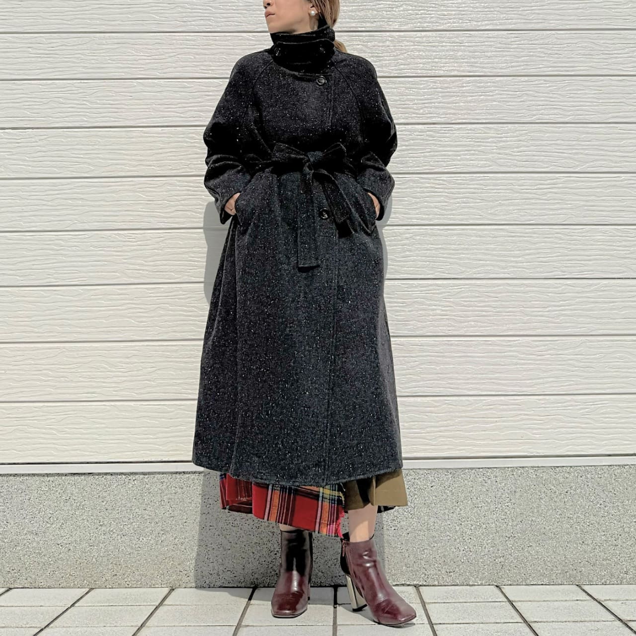 ヘリンボーンスタンドロングコート ブラウン Free