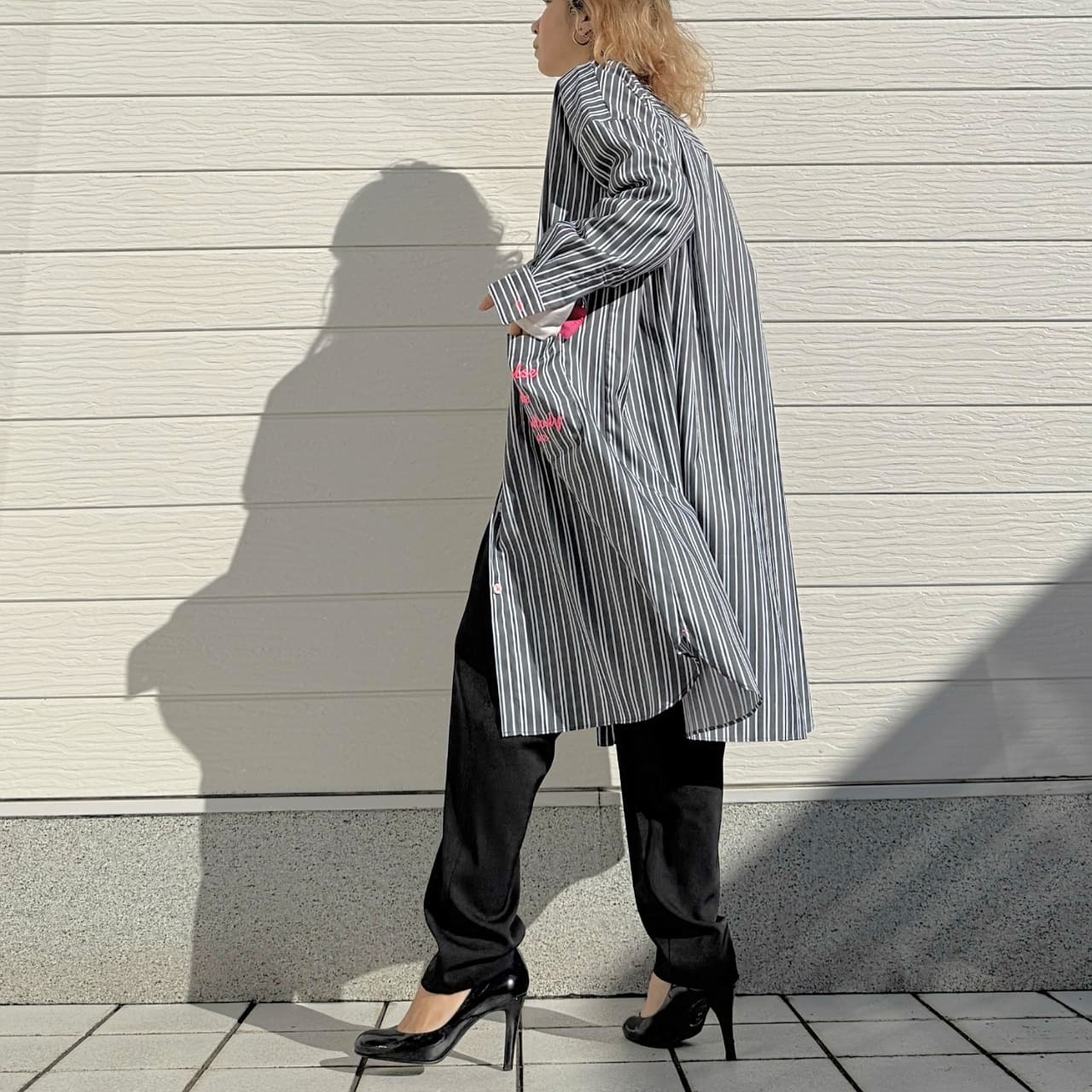 ポケット刺繍ロングシャツ ネイビー Free