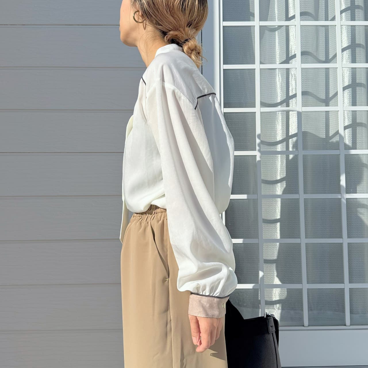 ラインボウタイブラウス テラコッタ Free