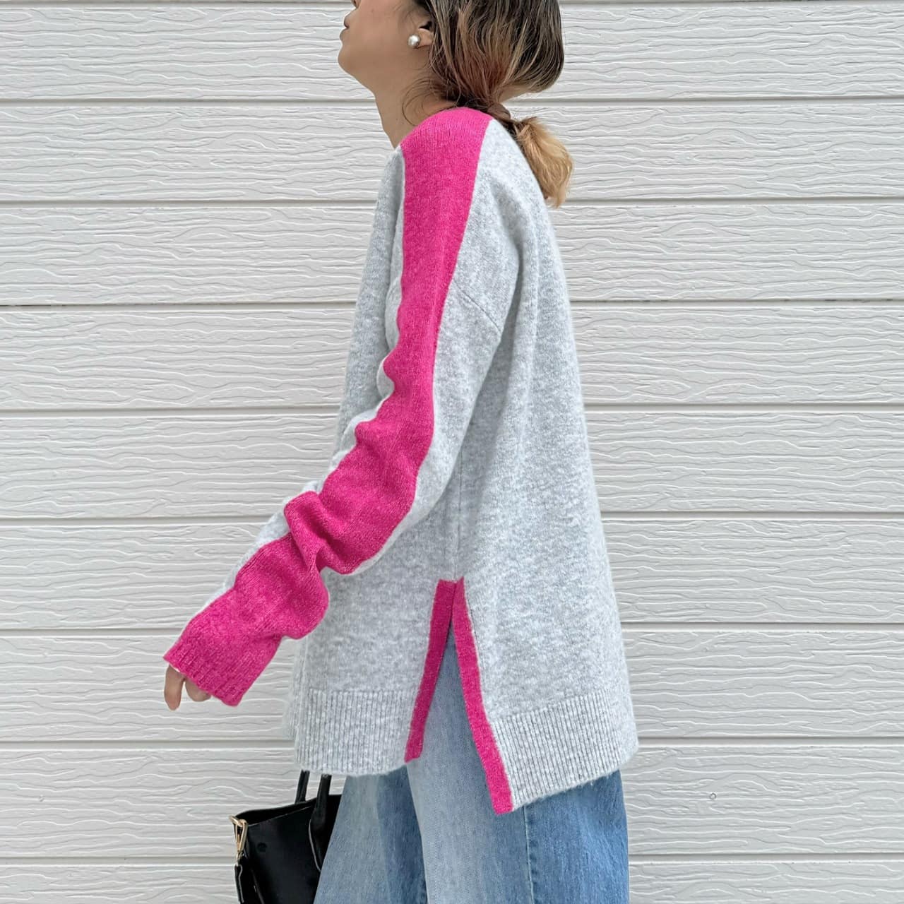 やわもちラインクルーネックニット ブルー Free