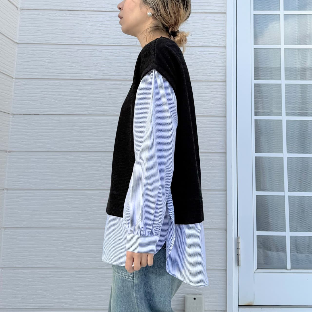 ストライプシャツドッキングニット ホワイト Free