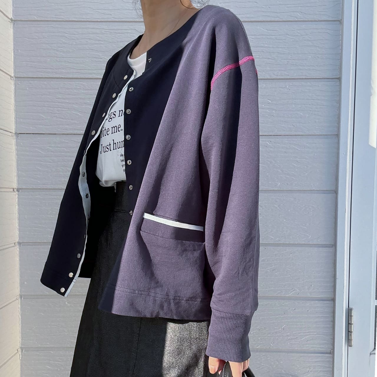 ミニ裏毛ラインボックスカーデ ライトグレー Free